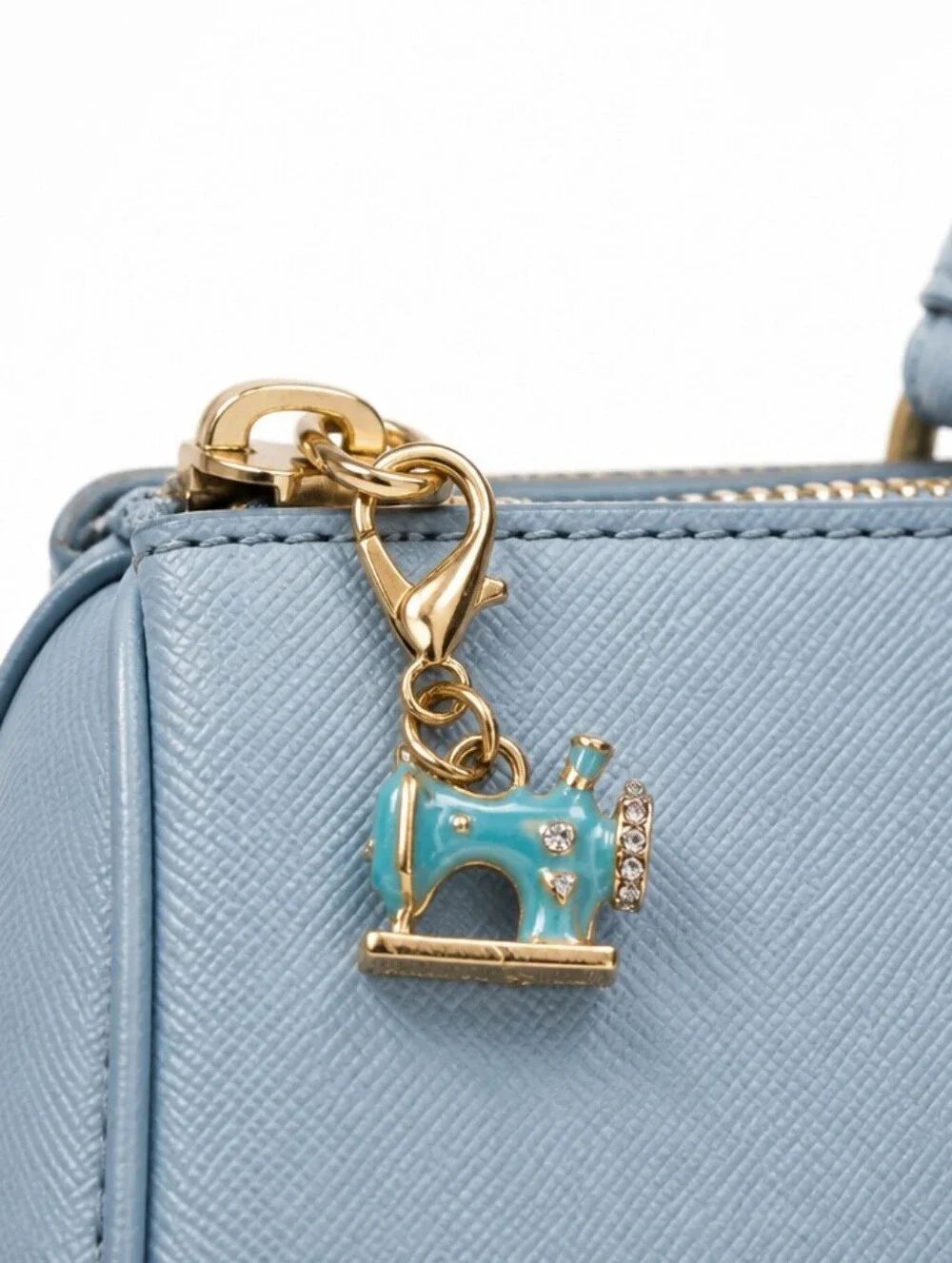 Blue Sewing Machine Keychain Gold Clip Rhinestone Sewist Gift Bag Charm Kawaii